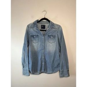 American Eagle Shirt Vintage Look Pearl Snap Blue Denim Western Size 10 or 12
